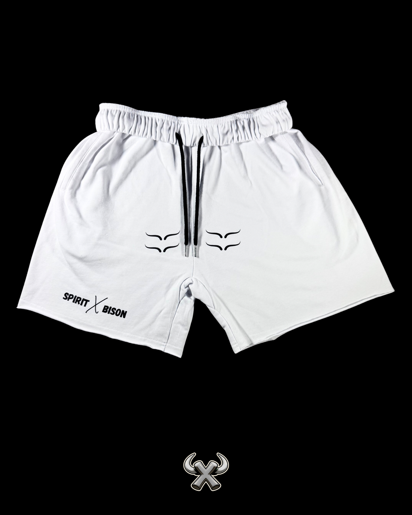 White shorts with brand logo on a black background