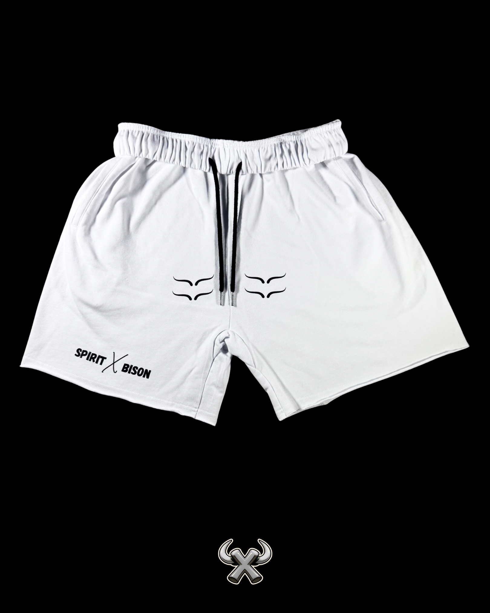 White shorts with brand logo on a black background
